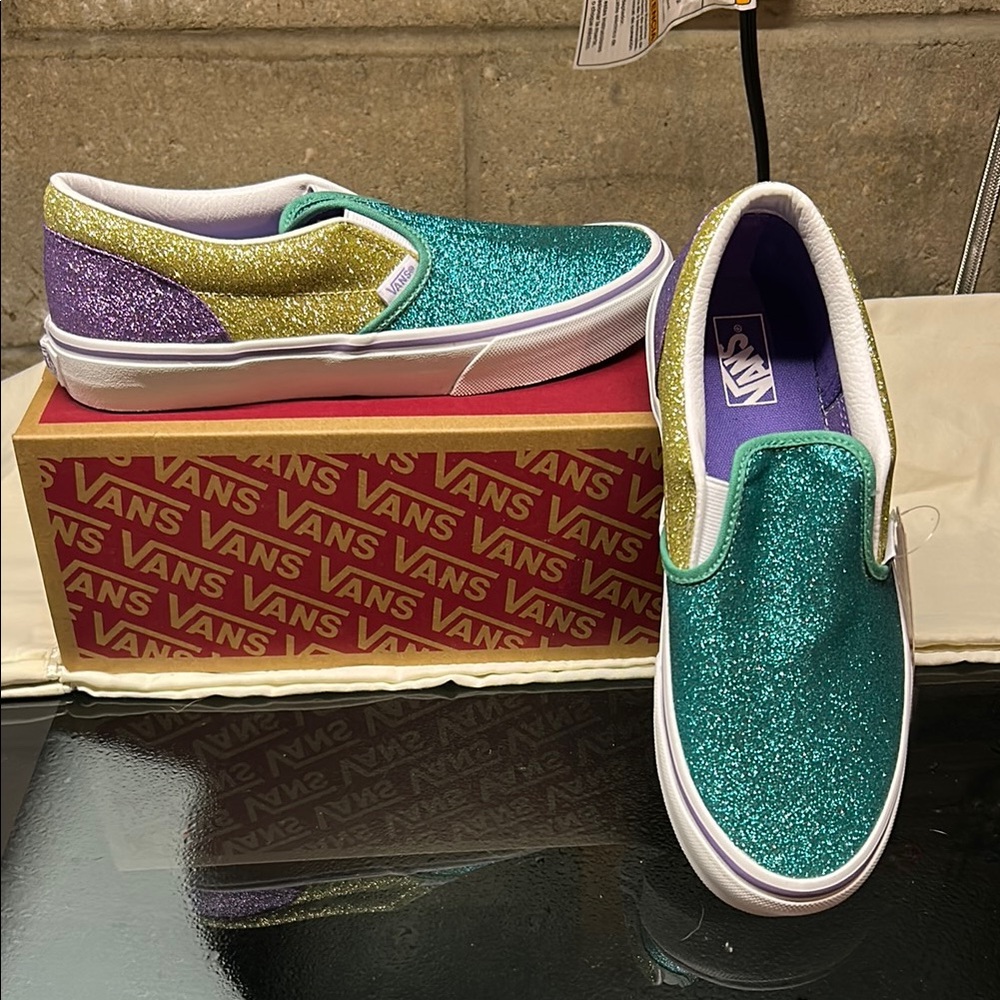 Vans Mermaid, Glitter Slip-On Shoes in Teal, Purple, and Gold